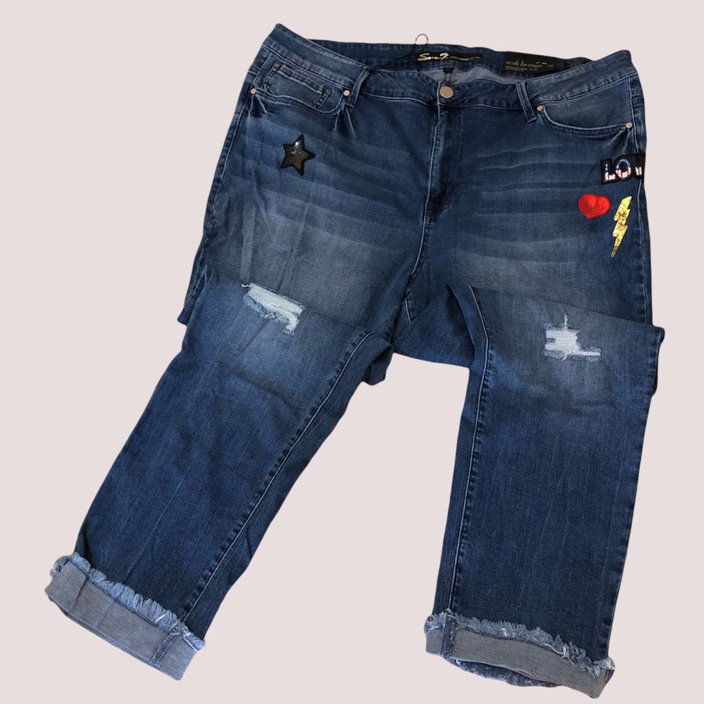 NWT-Seven7-Sequins Patch Mid-Rise Slim Straight Ankle Jeans-Sz 24W - Picture 2 of 13
